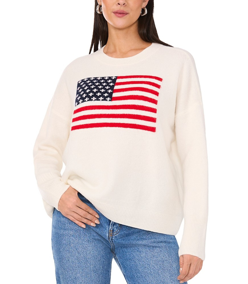 Vince Camuto Women American Flag Crewneck Sweater Antique White Size M